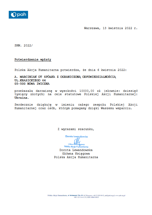 Pomoc dla Ukrainy - Marciniak OT dla Polskiej Akcji Humanitarnej