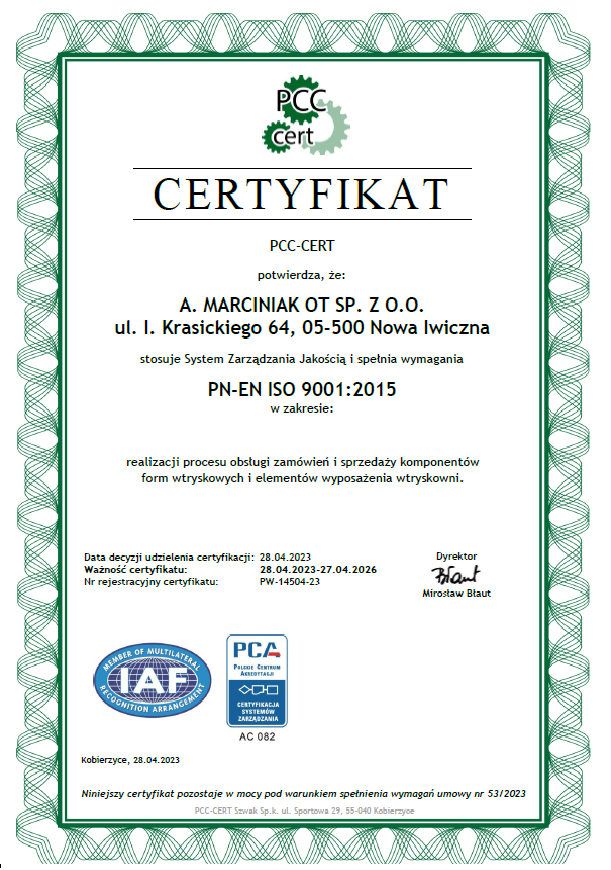 Certyfikat ISO 9001 dla Marciniak OT